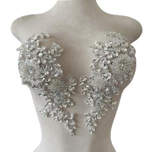 Handmade Shining Rhinestones lace Applique Patches Sewing Beads Sequins Stone Trim Accessories for Wedding Dress 1 Pair/Bag 11X4.3inches (Silver)