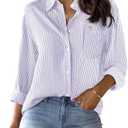 Striped Button Down Shirts for Women Cotton Dress Shirts Long Sleeve Collared Blouses Work Business Casual Tops Large
