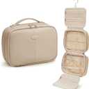 EACHY Toiletry Bag with Hanging Hook, Travel Makeup Bag PU Leather Cosmetic Bags for Women Make Up Organizer with 4 Compartments Waterproof Full-Size Portable Travel Essentials (TrenchPro)