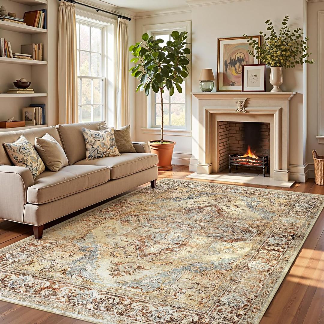 jinchan 8x10 Large Area Rug Vintage Washable Non-Slip Rug for Living Room Bedroom Dining Room Kitchen Home Office Thin Elegant Retro Lightweight Chenille Rug Warm Taupe