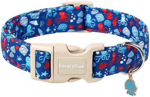 Lionet Paws Summer Blue Dog Collar- Cute Sea Shell Dog Collars with Plastic Buckle and Octopus Pendant,Light Adjustable Dog Collars for Medium Large Dogs