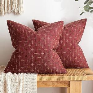 MIULEE Pack of 2 Christmas Decorative Burlap Linen Throw Pillow Covers Modern Farmhouse Pillowcase Rustic Woven Textured Cushion Cover for Sofa Couch Bed 16x16 Inch Wine Red
