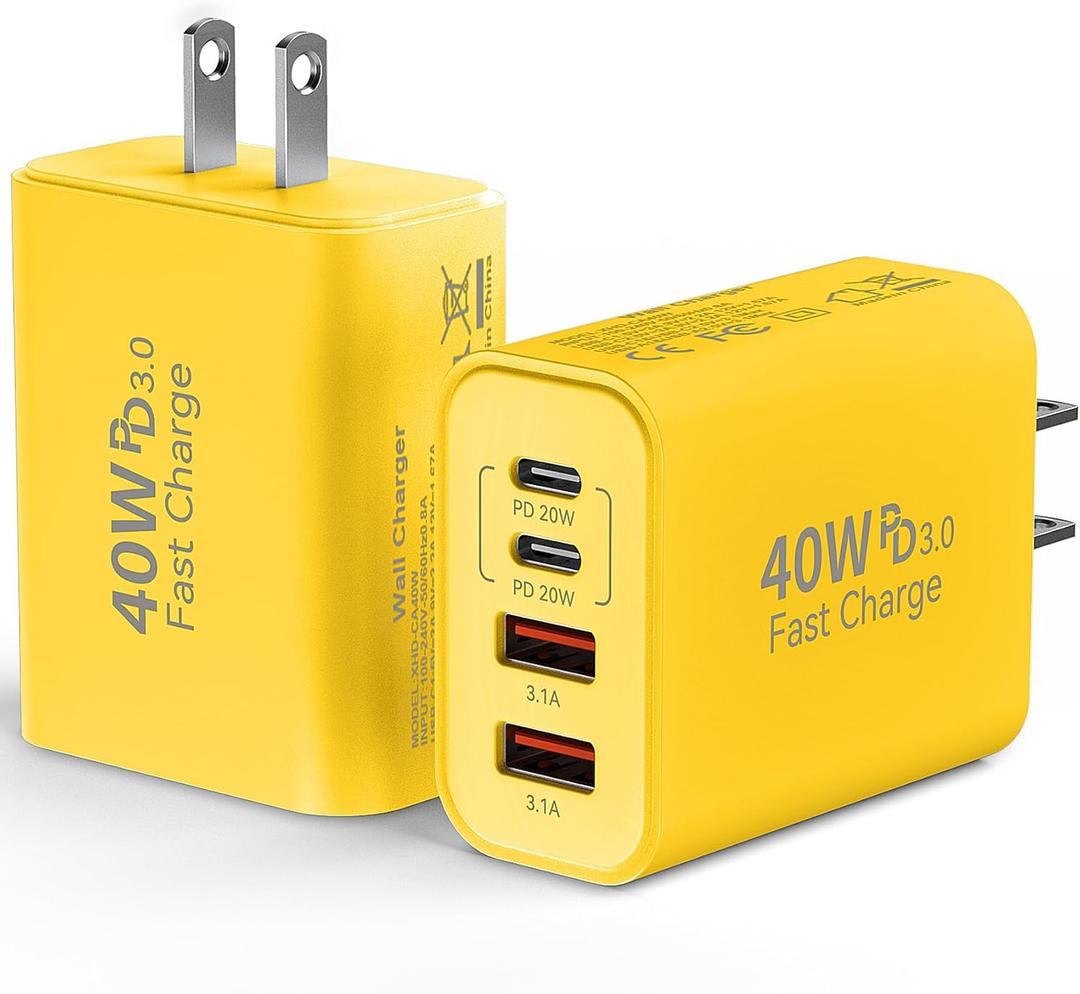 USB C Wall Fast Charger Block, 40W 4-Port Type C Charger, PD & QC 3.0, Multi-Port, Compatible with iPhone 15/14/13/12 Pro Max, Galaxy S24/23, Yellow
