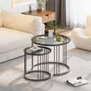 Garden 4 you Nesting Coffee Table, 23.6" Round Coffee Table Set of 2, Glass Nesting Table with Metal Frame, Ceter Tables for Living Room Bedroom Balcony, Grey, 23.6 inches x 23.6 inches x 19.7 inches