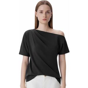 SUUKSESS Off the Shoulder Tops for Women Short Sleeve Asymmetrical Top Trendy Summer Going Out T-Shirts (Black, S)