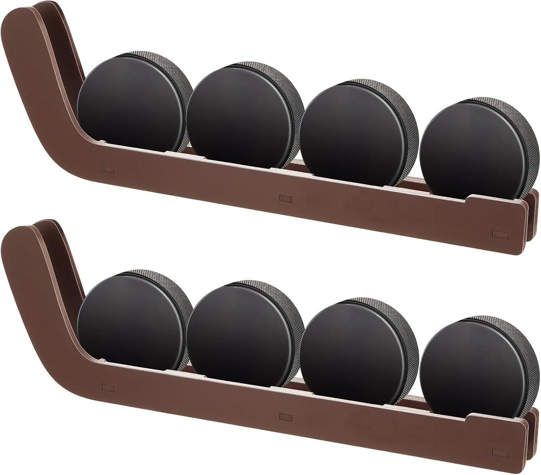 2 Pcs Hockey Puck Display Cases Wooden Wall Mount Hockey Puck Holder with Hook for Players Team Gifts Living Room Storage Decoration Accessories (Brown)