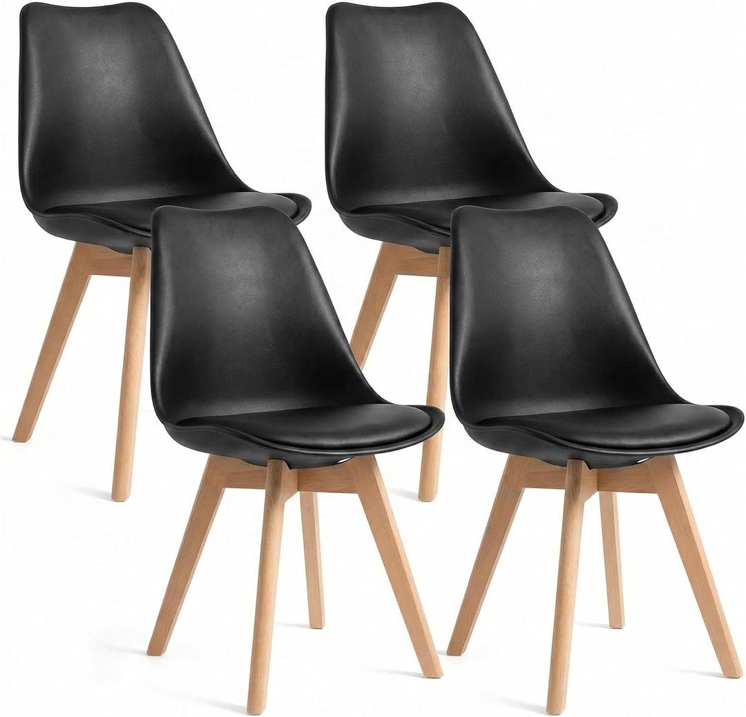 Dining Chairs Set of 4, Modern Upholstered Dining Room Chairs with PU Leather Padded Seat, Armless Kitchen Chairs with Curved Backrest and Solid Wood Legs for Dining Room, Kitchen, Apartment, Black, Pack of 4