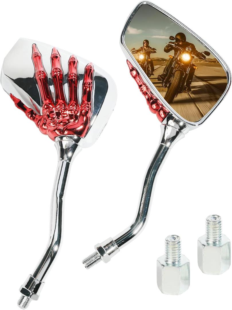 Pairs of Motorcycle Mirrors,Universal 8mm 10mm Motorcycle Rear View Mirrors,Car Accessories Skull Skeleton Hand Bike Mirror,Rearview Side Mirror for Motorcycle Bike (Red)