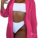 SHENHE Women's Sheer Button Up Long Sleeve Beach Kimono Cover Up Shirt Sun Dresses (Large, Hot Pink)