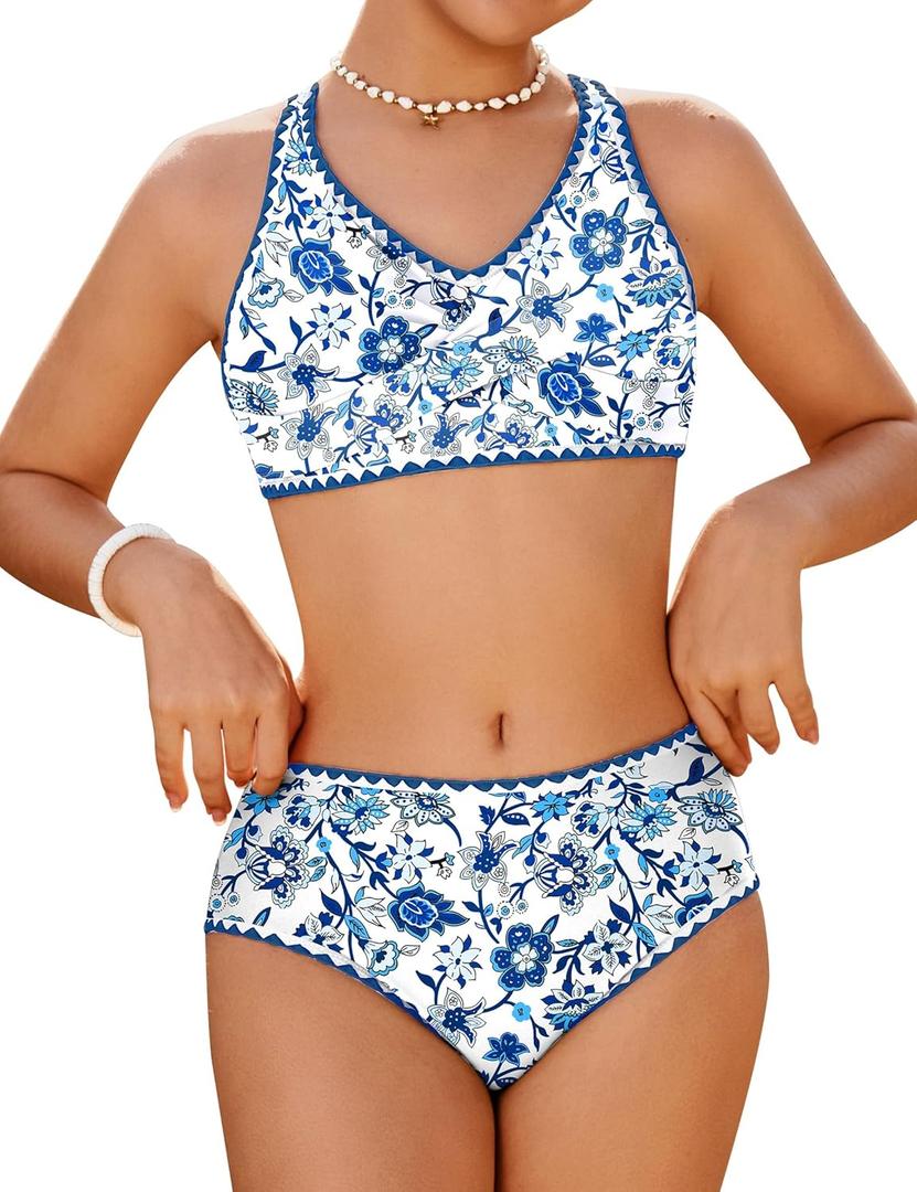 HOZIY Bikini Sets for Teens Size 10-12 Blue Floral Teen Tie Back Bathing Suit Swimsuits Tween Adjustable Straps Swim Suit 2 Piece Kids Swimwear