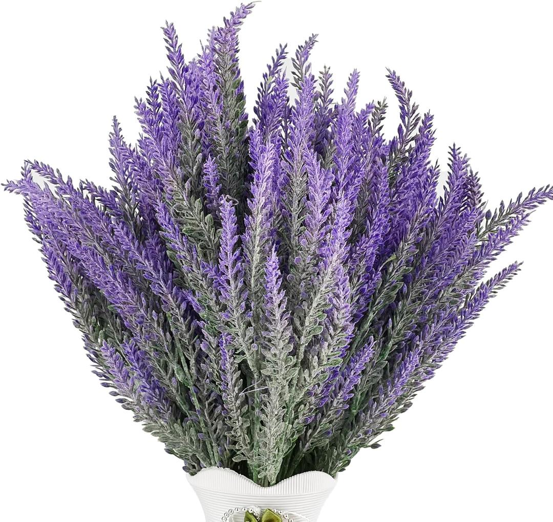 16 Bundles Artificial Lavender Plants Outdoor UV Resistant, Fake Flowers for Home Decor, Faux Plastic Purple Plants for Garden, Patio, Window Box