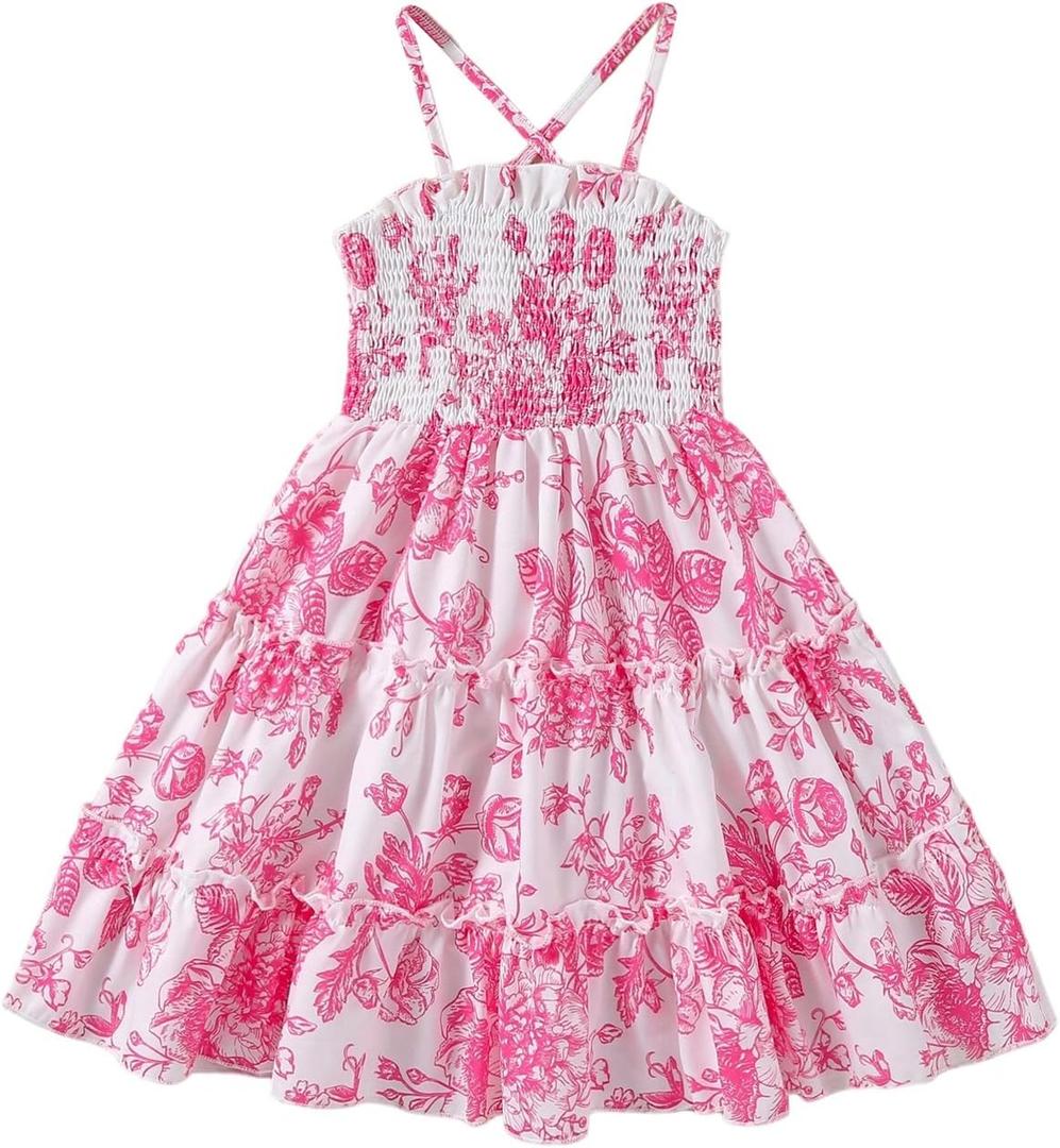 WDIRARA Toddler Girl's Floral Smocked Cami Dress Layered Ruffle Midi Swing Dresses 5Y