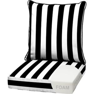Arden Outdoor Foam Deep Seat Cushion Set, 22 in x 24 in, Weather-Proof, Rain-Proof, Fade Resistant Patio Cushion, Bottom and Back Cushion for Chair, Sofa, and Couch Black Cabana Stripe
