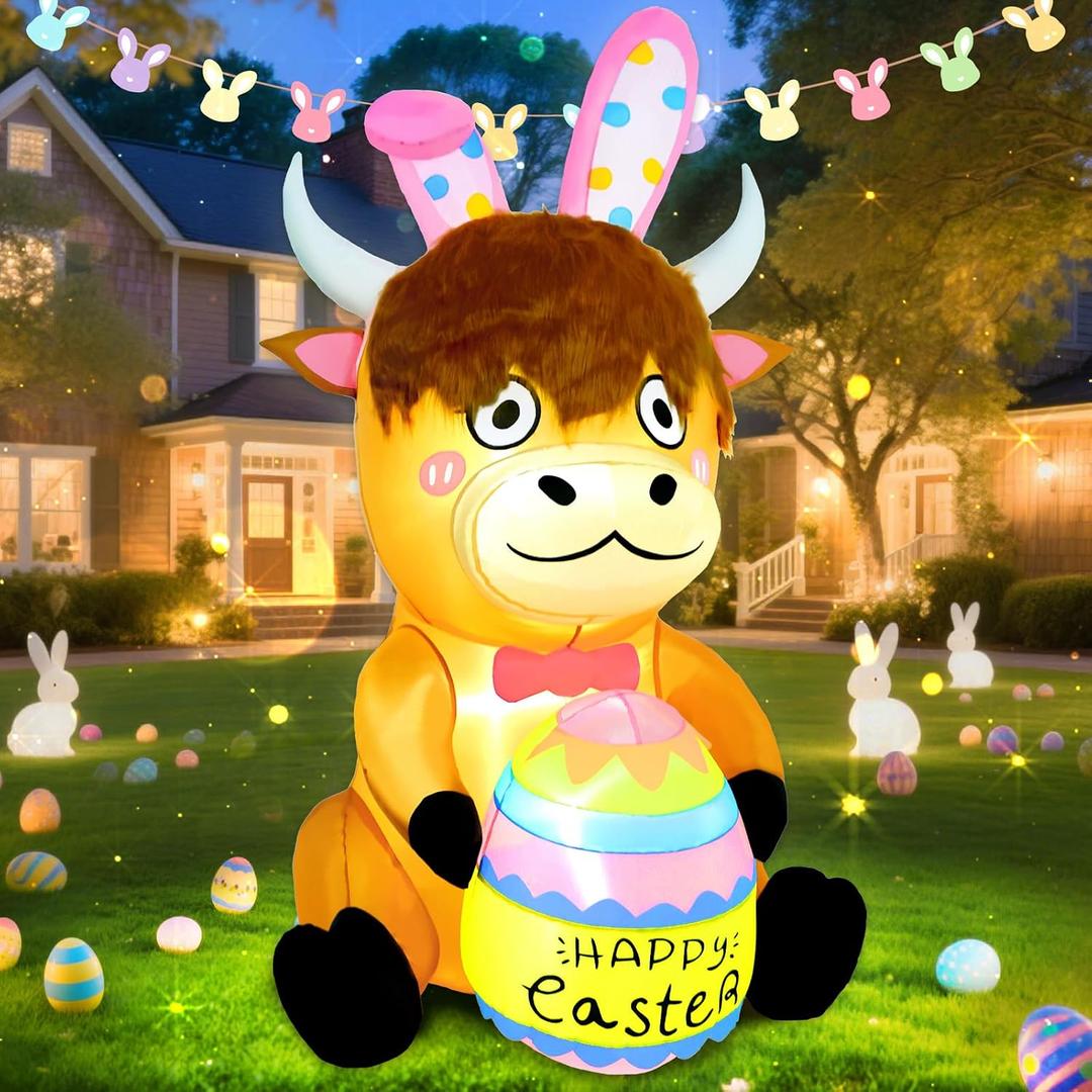 Easter Inflatable Outdoor Decorations 5FT Cute Highland Cow Holding Eggs Inflatables Blow Ups for Yard Garden Lawn Outside Spring Holiday Party Home Decor with LED Lights