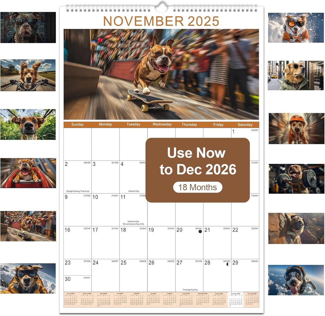 Gannyfer 2026 Wall Calendar,18 Months 22.75" x 15.5" Calendar 2025-2026, Use Now to DEC 2026, Large Spiral Binding Funny Dog 2026 Calendar, Perfect for Home, School or Office (6 Stickers Included) (Brown)