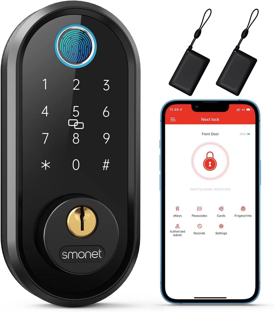 Smart Lock, SMONET Fingerprint Door Lock Smart Deadbolt Keyless Entry - Electronic Digital Keypad with Biometric Fingerprint, Smartphone App Auto Lock Bluetooth Keys Fobs Smartlock for Alexa, Home (Black)