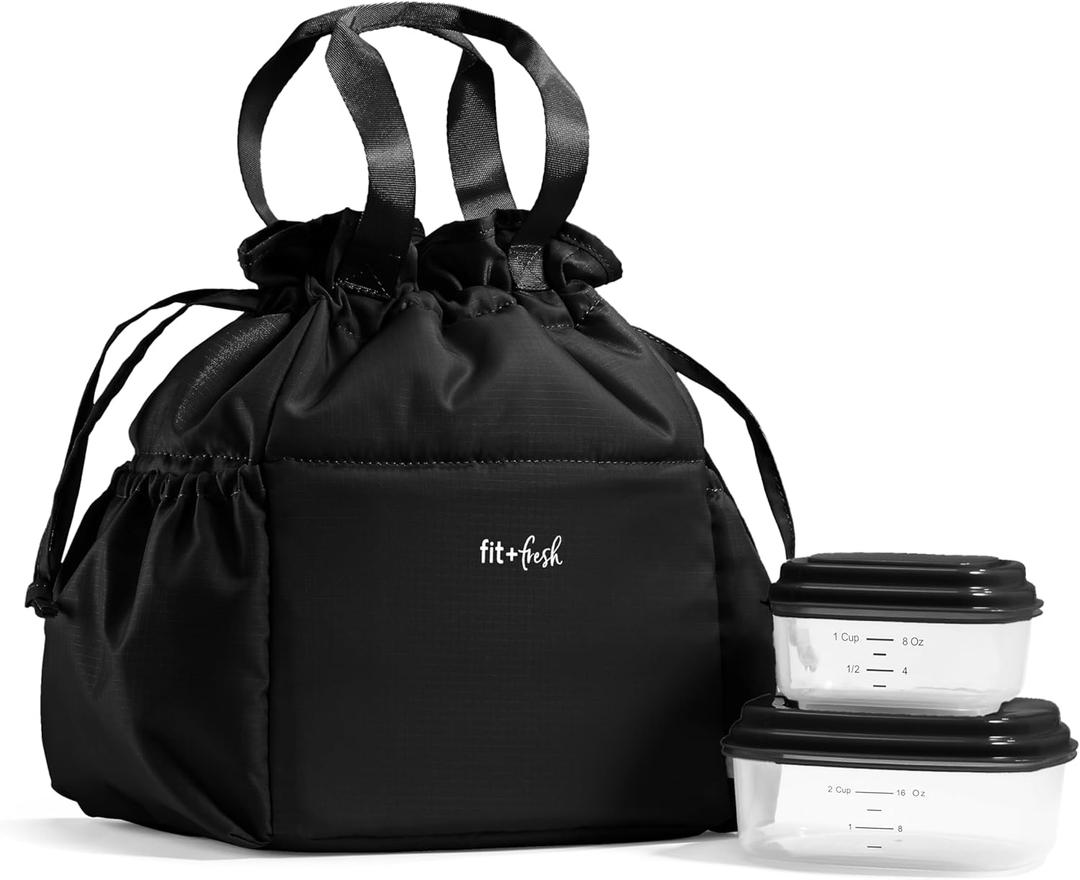 Fit & Fresh Cromwell Drawstring Lunch Bag for Women, Complete Lunch Set with 2 Containers, Stain-Resistant, Leak-Resistant, Back to School Essential, Teacher Lunchbox, Black