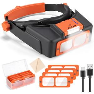 Headband Magnifier with Light, Rechargeable Magnifying Glasses for Close Work, 1.5X - 3.5X Magnify Headset with 4 Lenses, Jewelers Magnifying Glass Loupe Visor for Reading,Crafts, Hobby (Orange)