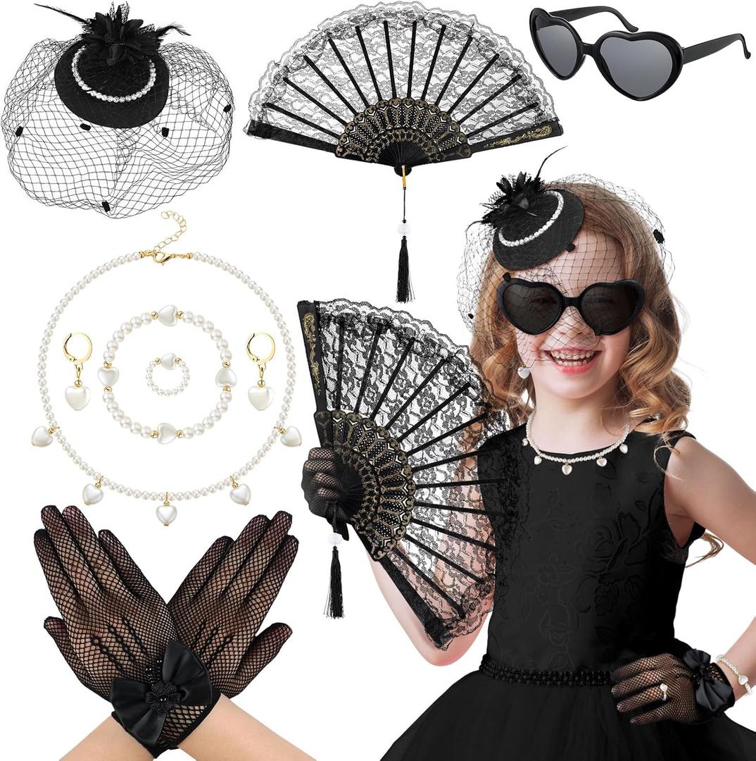 Jenaai 8 Pcs Girls Tea Party Supplies Tea Party Gloves Hats Necklace Fascinators Fan for Girls Halloween Costume Accessories (Black)