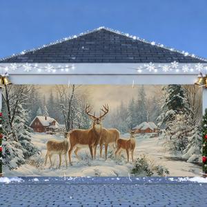 Winter Garage Door Banner 6x13FT, Winter Deer in Snowy Forest with Cabin, Large Christmas Garage Door Cover, Outdoor Garage Decoration Holiday Mural for Parties Home Driveway Xmas Decor