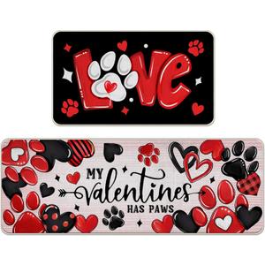 Valentine's Day Paw Print Kitchen Mats for Floor, Black Heart and Paw Design Soft Mats, Washable Non Slip Decor Rugs for Kitchen Sinks Laundryroom 2pcs, Size: 16x24+16x47