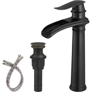 BWE Bathroom Vessel Sink Faucet Waterfall Spout Single Handle One Hole Oil Rubbed Bronze Tall Vessel Lavatory Vanity Faucet with Pop Up Drain Assembly and Supply Hose