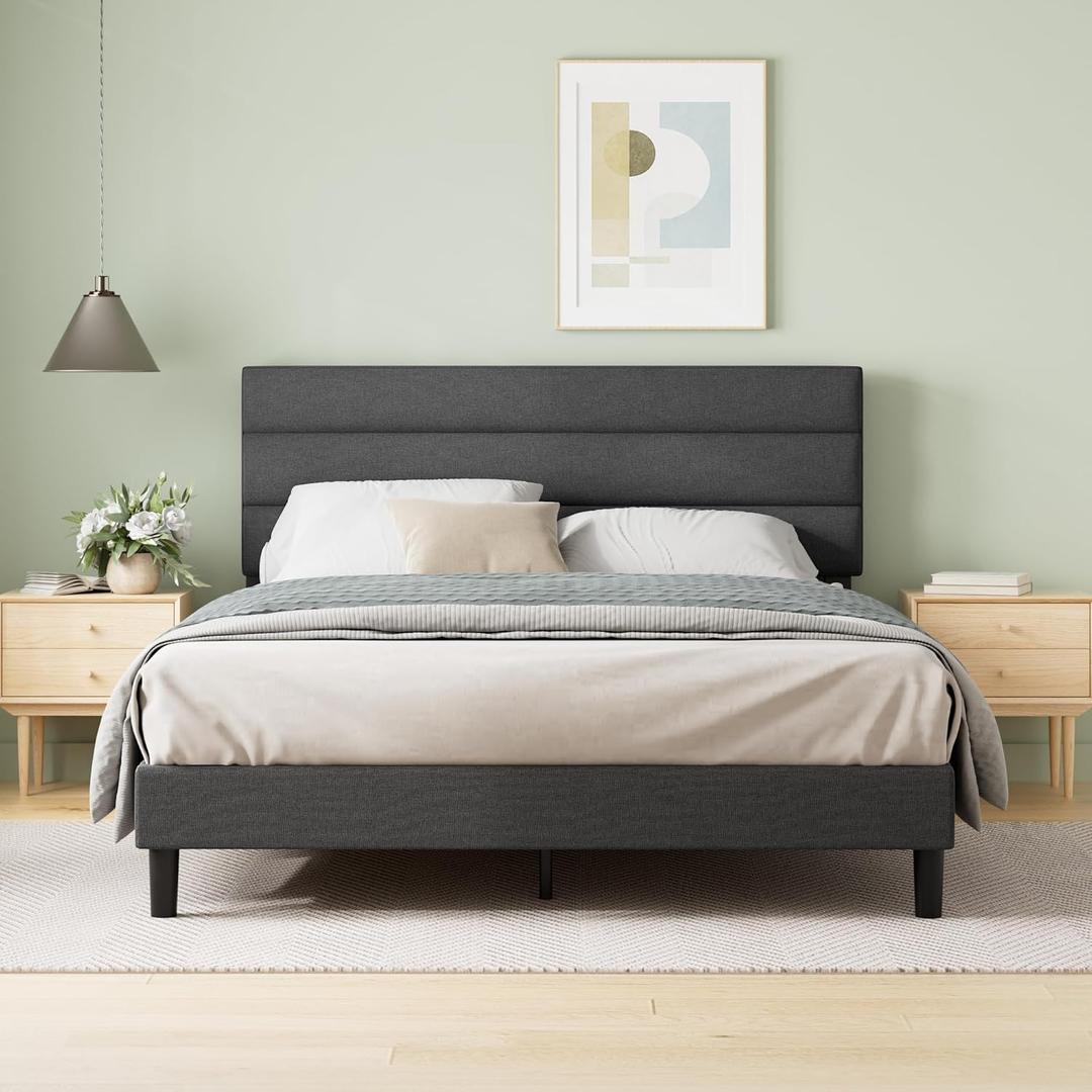 Zinus King Piper Upholstered Platform Bed with Horizontal Paneled Headboard, Wooden Slat Support, No Box Spring Needed, Easy Assembly, Eco Friendly Packaging, Dark Grey