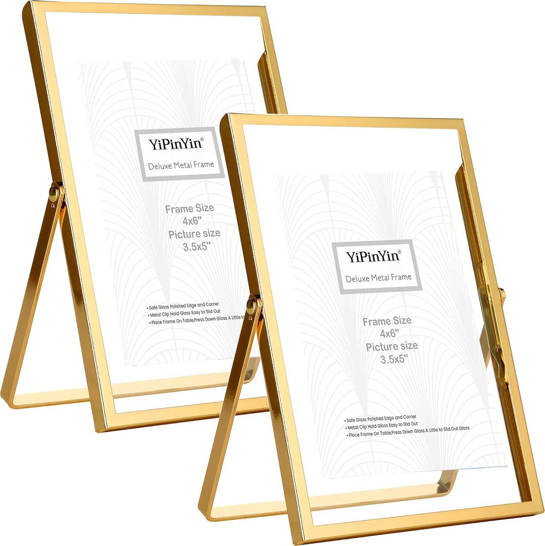 YiPinYin 4x6'' Gold Floating Frame Set of 2, For Photo Sizes (2x3'', 3.5x 5''), Plated Metal Frames for Tabletop/Shelf Display, Wedding, Christmas,Birthady, Home or Office Decoration Frames Silver.