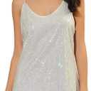 Allegra K Women's Glitter Sequin Dress Spaghetti Strap V Neck Party Cocktail Sparkly Mini Dress Clubwear M