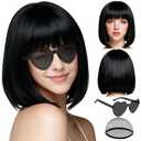 PLULON Black Short Bob Wig with Bangs for Women, Colorful Neon Short Bob Synthetic Hair Wigs with Hair Cap Heart Sunglasses for Adults Men Daily Bachelorette Halloween Costume Party Supplies