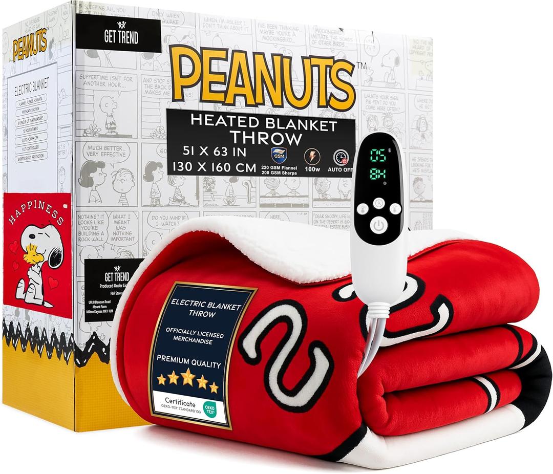 Get Trend Peanuts Snoopy Heated Blanket Electric, Luxurious Fleece Throw, 9 Heat Settings, Auto Shut-Off, 50x65in, Gifts for Mom, Grandma, Grandpa (Red Snoopy, Throw US)