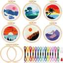 6PCS Cross Stitch Kits for Beginners DIY Embroidery Kit for Kids Adults Sunset Cross Stitch Kits Spring Birthday Gift Landscape Needlepoint Patterns with 2 Embroidery Hoops Craft Activity Supplies