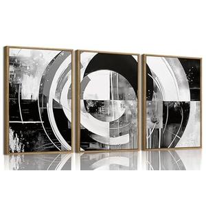myusuar 3 Piece Large Modern Abstract Canvas Framed Wall Art For Living Room, Black And White Rings Minimalist Wall Art Decor Posters Prints For Bedroom Office, 24x36in