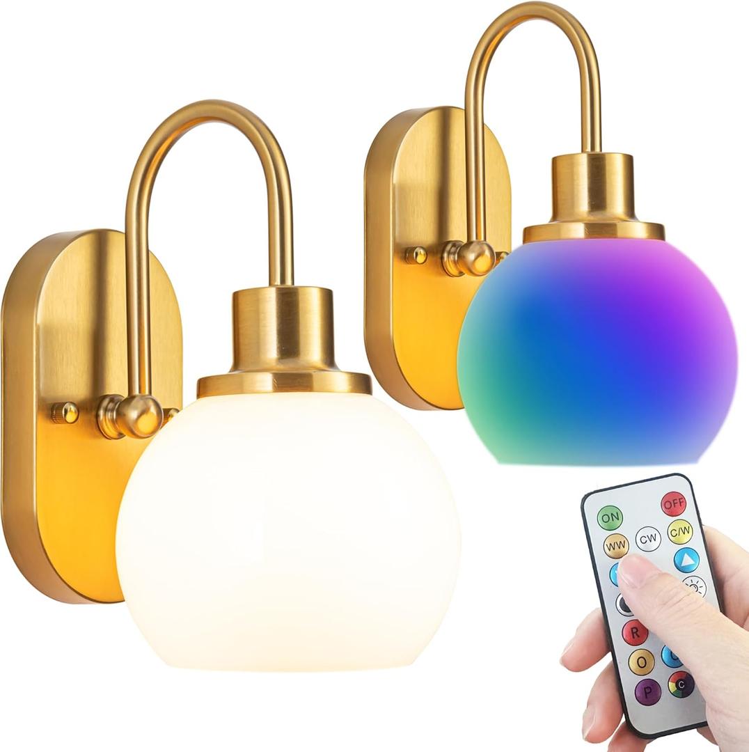 Battery Operated Wall Sconce Set Of Two, RGB Color Changing Dimmable Sconces With Remote For Bedroom Living Room, Easy To Install (Brass)