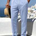 Mens Linen Pants Casual Beach Yoga Pants Elastic Waist Drawstring Straight Leg Loose Lightweight Trousers with Pockets (Blue, XXL)