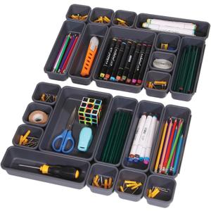 32 Pack Interlocking Desk Drawer Organizer Tray Dividers Plastic Shallow Narrow Drawers Organizers Separators Storage Bins Container for Kitchen Bathroom Makeup Office Vanity Dresser, (Black)