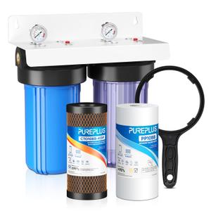 PUREPLUS 2-Stage Whole House Water Filtration System, Reduces Chlorine, Odor, Heavy Metals & Rust, with Pressure Gauges, 10" x 4.5" Clear Housing, 1" Inlet/Outlet, PP Sediment & KDF Carbon Filters