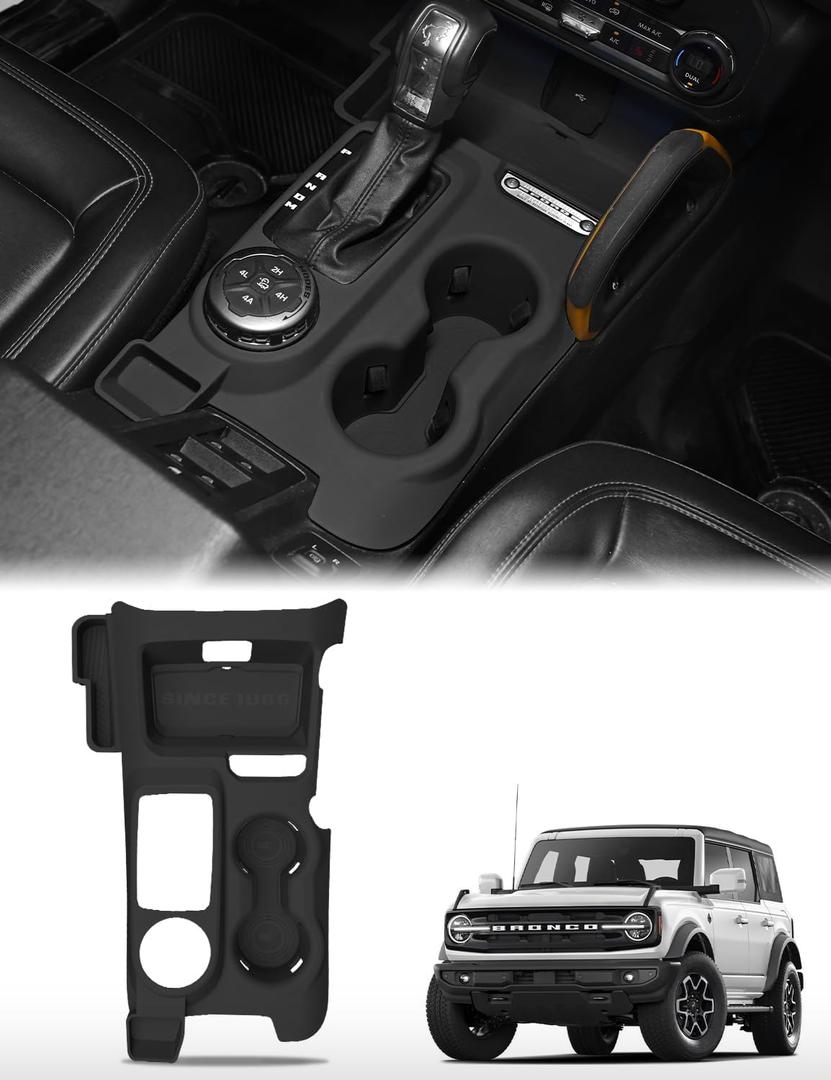 JROAD 3-in-1 Silicone Center Console Liner Tray for Ford Bronco 2021-2026 Automatic Transmission 2/4 Door| Non-Slip Cup Holder Mat & Center Console Protector Liner Pad& Side Storage Pocket (Black)