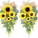 24in Artificial Sunflowers Teardrop Swag Spring Summer Sunflowers Floral Swag Wreath with Burlap Bow Fake Yellow Sunflowers Garland for Front Door Indoor Outdoor Window Home Decor