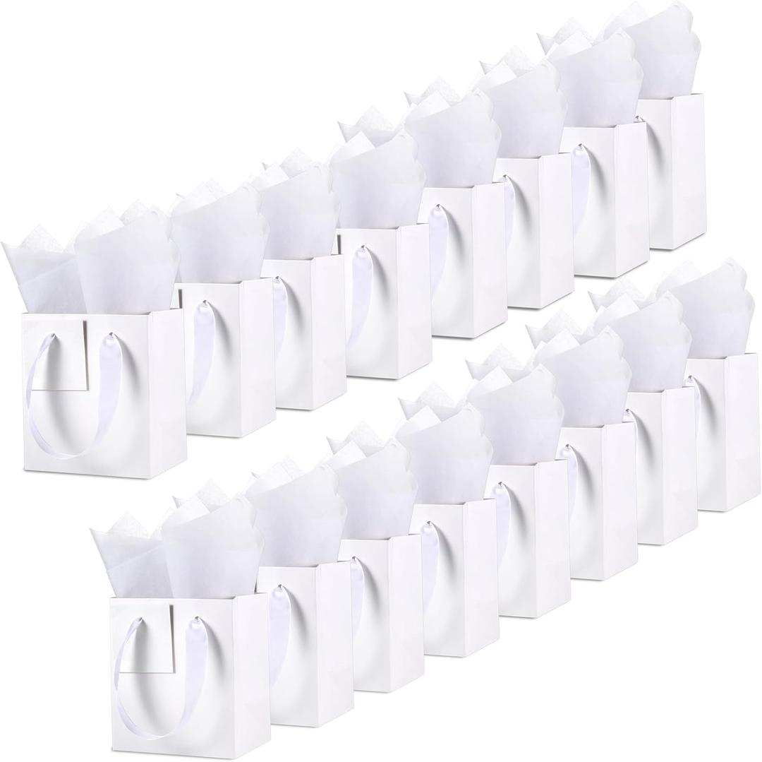 Tenare 12 Pcs Small Gift Bags Mini Paper Bag with Handle Tissue Happy Mother Father's Day Party Favor Supplies(4 x 2.75 x 4.5 Inch,White)