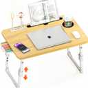 DECOSIS Laptop Bed Desk Height Adjustable, Bed Laptop Table with USB/Storage Drawer/Cup Holder/Tablet Stand/Book Shelf, Foldable Breakfast Tray Portable for Reading Writing, Bed, Sofa & Floor, Wood
