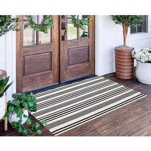 Black and White Striped Outdoor Rug 24'' x 51''Farmhouse Front Porch Mat Hand-Woven Machine Washable Layered Door Mats for Entryway/Bedroom