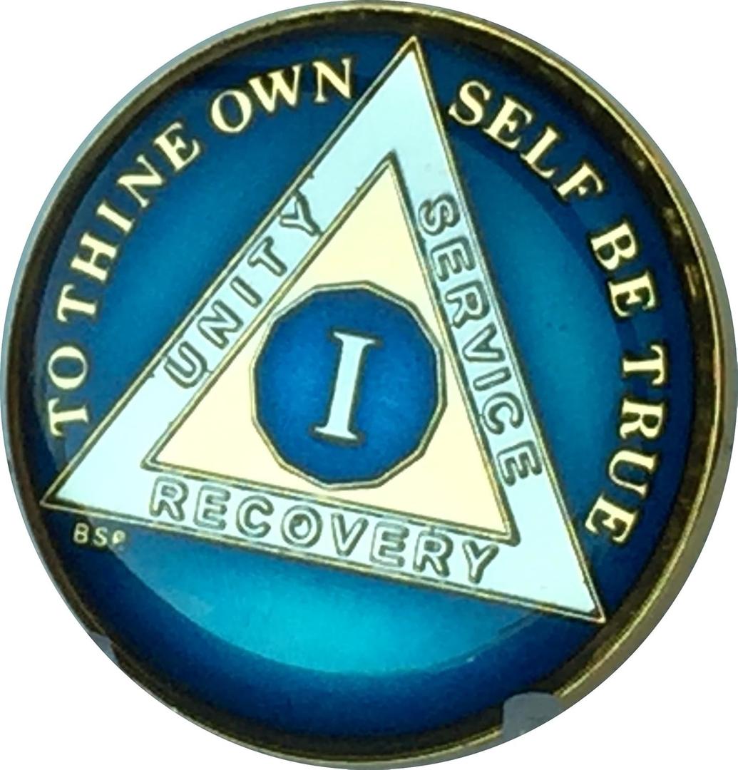 1 Year Midnight Blue AA Medallion Chip Tri Plate Gold & Nickel Plated Serenity Prayer