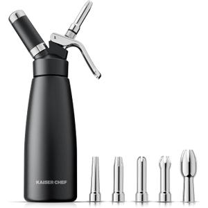 Professional Aluminum Whipped Cream Dispenser - 500 mL/1 Pint,Leak-Free Whipped Cream Maker Canister with 5 Decorating Nozzles & Cleaning Brush - for Desserts, Coffee Foam & Cold Foam (Black, 500ml)