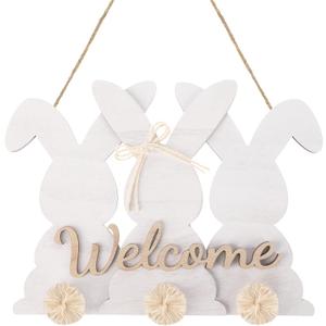 Roowest Easter Bunny Welcome Door Sign Easter Bunny Wreath for Front Door Cute Wooden Rabbit Hanging Plaque Farmhouse Home Front Porch Sign with Bow for Shop Home Garden Spring Decor(Natural Color)