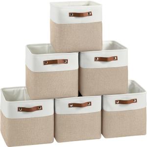 Cube Storage Baskets 6 Pack, 11x11 inch Cube Storage Bins with Leather Handles for Shelf Closet (White/ Khaki)