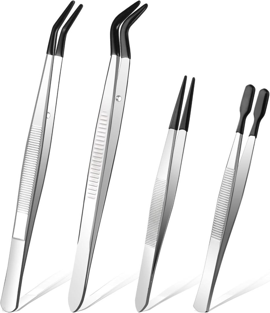 Ainiv 4pcs Tweezers with Rubber Tips, PVC Coated Tweezers Set, Rubber Straight/Flat/Long Curved Tips Non Marring Tweezers for Jewelry Crystals Bead, Crafts Making, Lab Stainless Steel Tweezer Tool