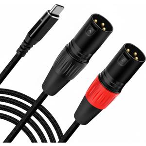 USB C to Dual XLR Male Audio Cable, 6.6FT USB C to 2 Male XLR Stereo Power Amplifier Cable for Mobile Phone Connection Active Speaker, Black Braided