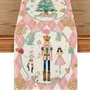 Artoid Mode Pink Diamond Plaid Nutcracker Snowflake Christmas Table Runner, Seasonal Winter Kitchen Dining Table Decoration for Home Party Decor 13x120 Inch
