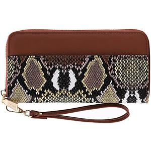 B BRENTANO Vegan Leather Slim Single-Zipper Wallet with Pocket, Wristlet and Tassel Accent (Multi Python Brown.)